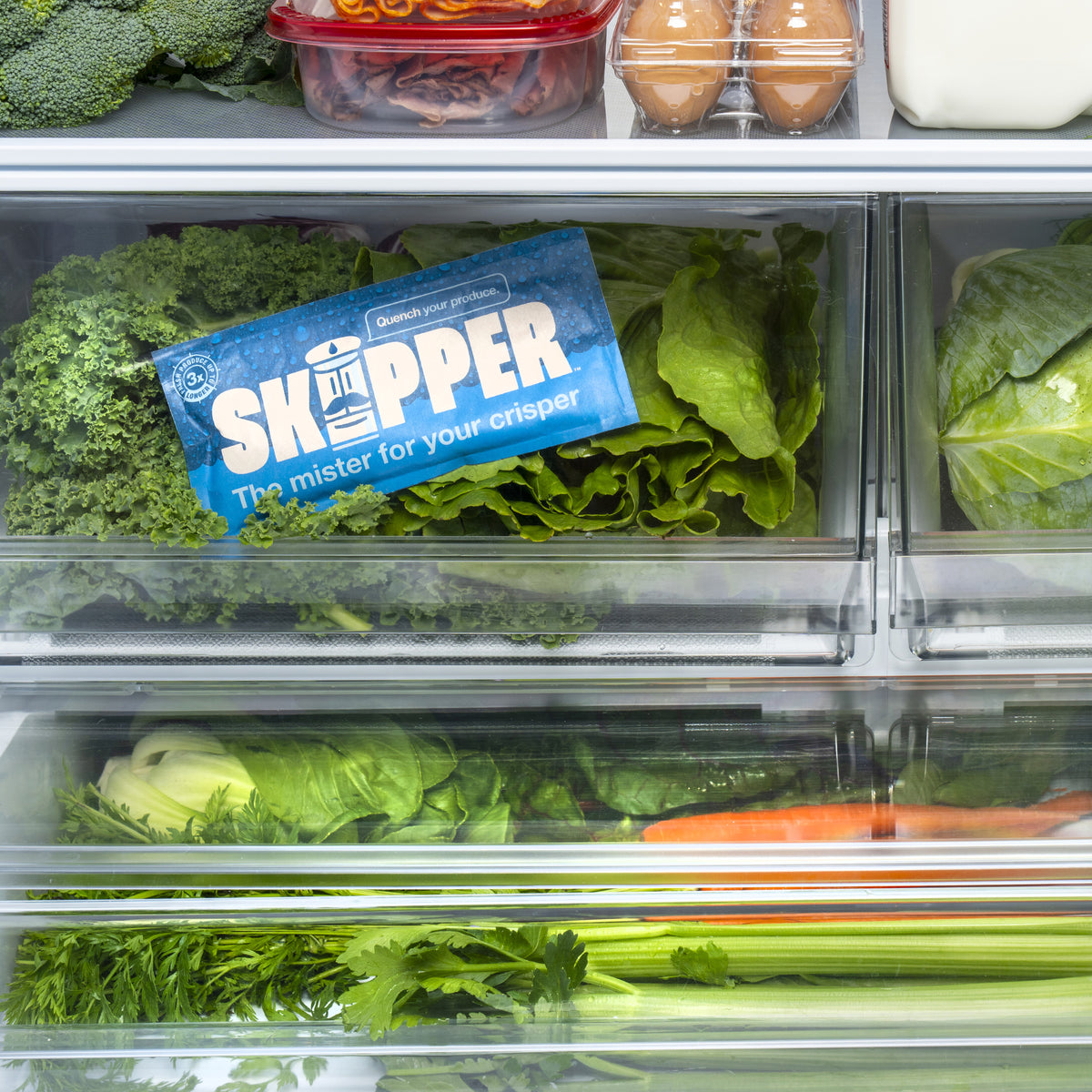 A skipper pack sitting with fresh crisp vegetables in a crisper drawer.