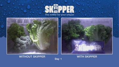 Video showing fresh vegetables purchased at the grocery store, brought home with a Skipper packet, and both placed together in a refrigerator crisper drawer.