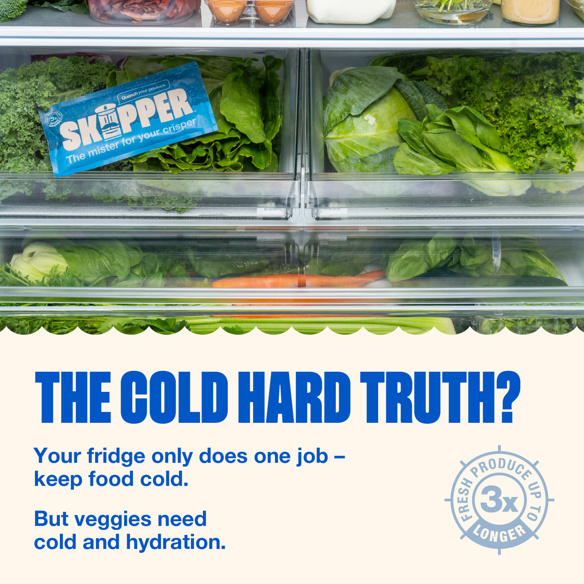 Crisper drawer filled with kale, cabbage, and lettuce with a Skipper packet tucked among the greens. Headline: 'The cold hard truth? Your fridge only does one job — keep food cold. But veggies need cold and hydration', with 'Fresh produce up to 3x longer' badge.