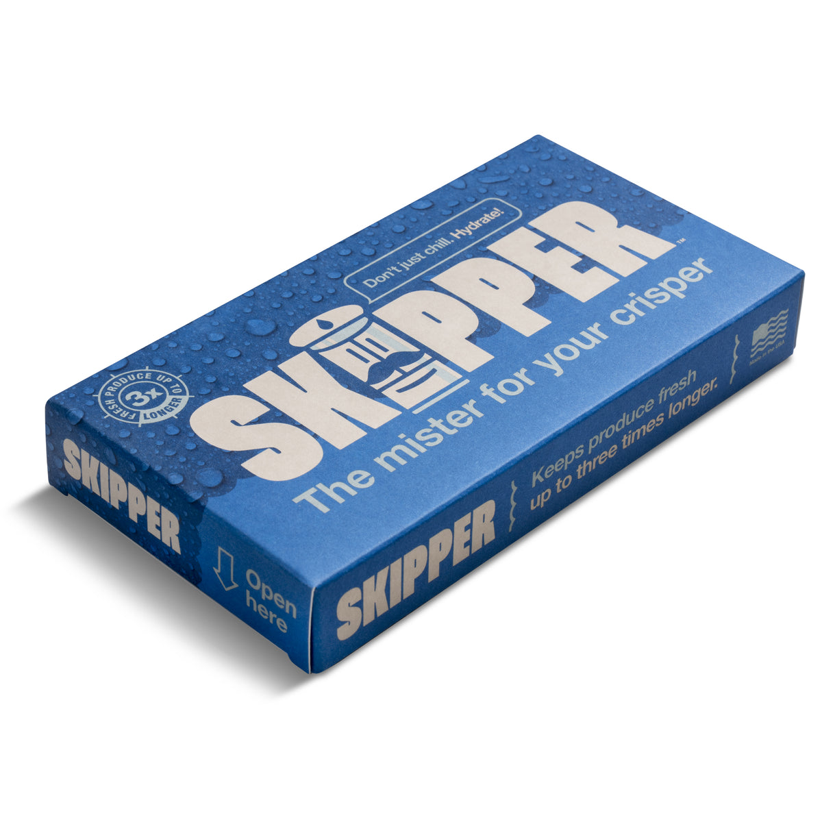 Skipper produce freshness mister packaging box, blue with water droplet graphic, labeled 'The mister for your crisper' and 'Keeps produce fresh up to three times longer'.