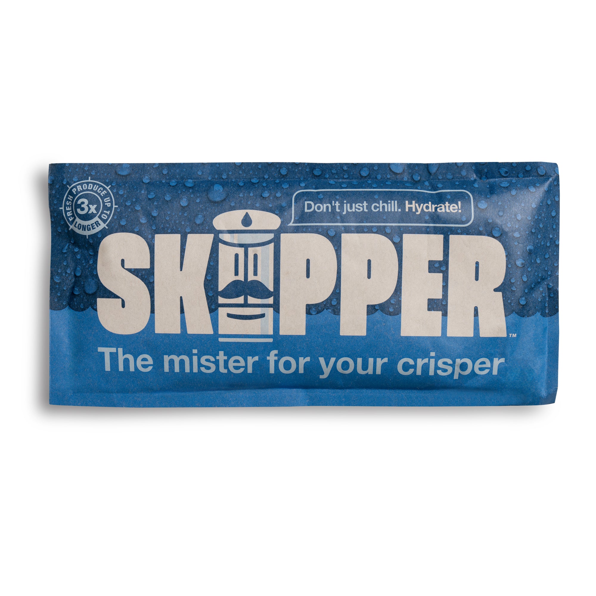 Individual Skipper sachet packet, labeled 'The mister for your crisper', with 'up to 3x longer' freshness claim.