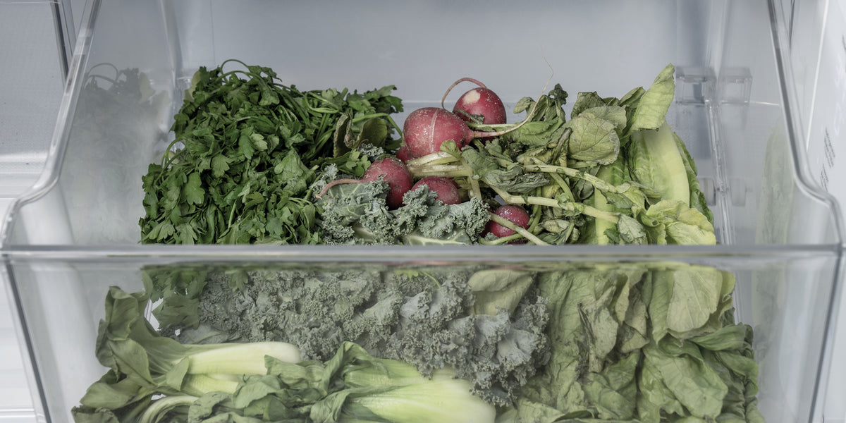 A fridge crisper drawer without Skipper,  wilted vegetables inside.